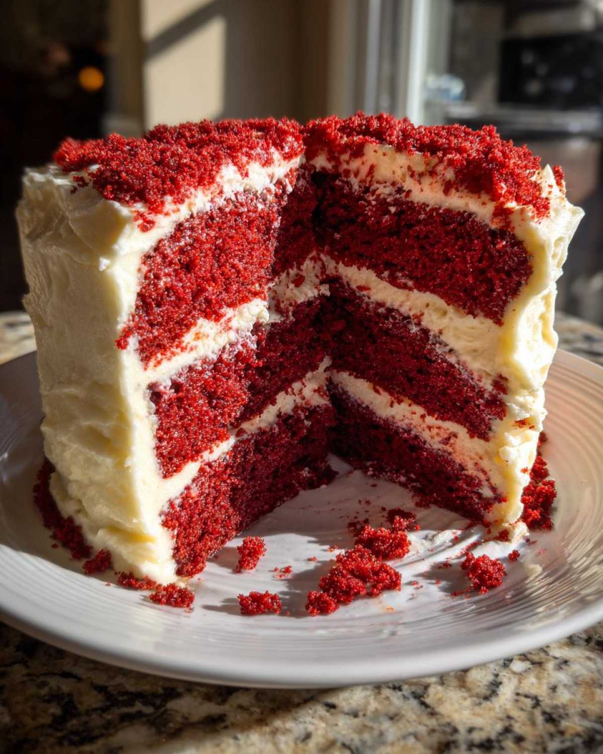 A tall, three-layer red velvet cake with a slice removed, showing rich red layers and white frosting.