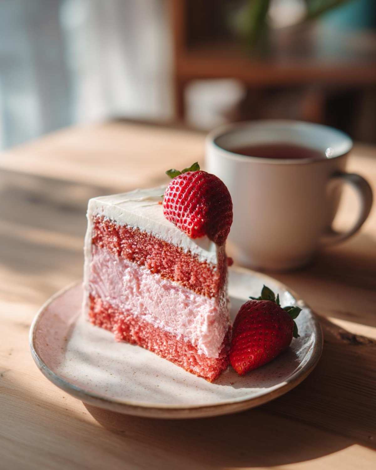 A tempting slice of pink layered strawberry cake topped with fresh strawberries and a cup of tea.
