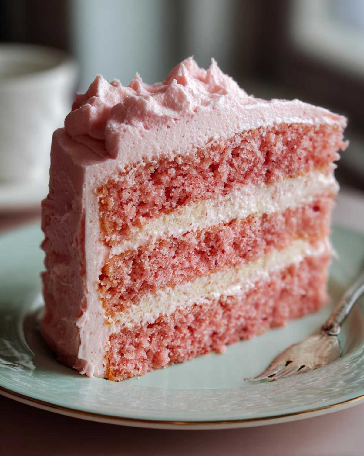 A close-up of a moist, three-layer strawberry cake slice with white filling and pink frosting.