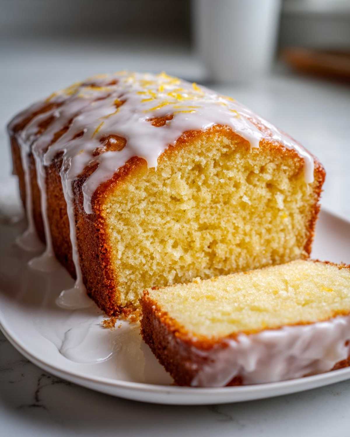 A close-up of a freshly baked lemon pound cake, drizzled with white glaze and topped with lemon zest, with one slice cut.