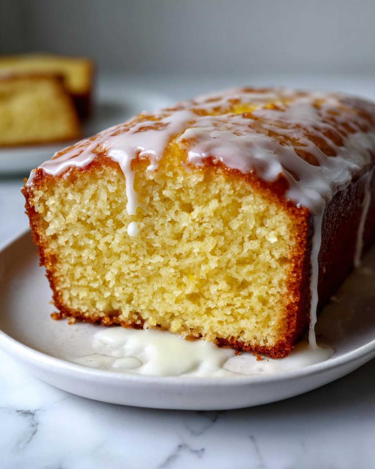 Close-up of a thick slice of moist lemon pound cake topped with dripping white lemon glaze.