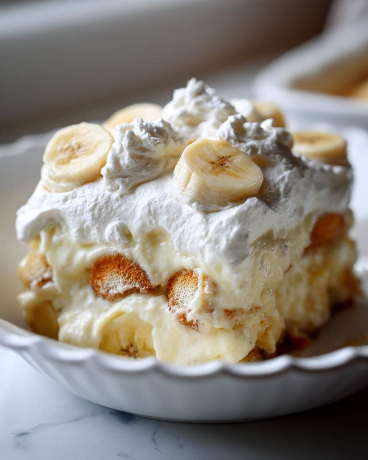 A generous serving of creamy banana pudding layered with vanilla wafers and topped with whipped cream and fresh banana slices.
