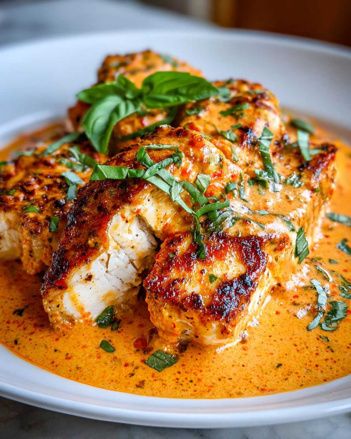 Close-up of seared Marry Me Chicken breasts sliced open and covered in a rich, creamy orange sauce, garnished with fresh basil.