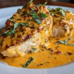 Two pieces of seared chicken breast covered in a rich, creamy orange sauce, garnished with fresh basil, representing Marry Me Chicken.