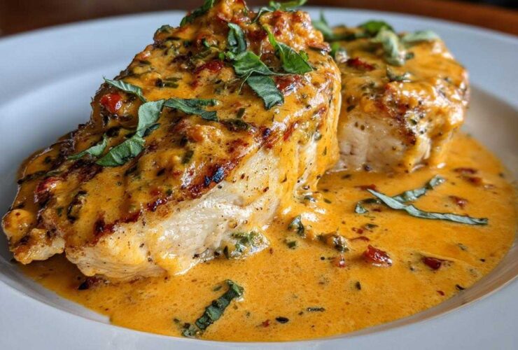 Two pieces of seared chicken breast covered in a rich, creamy orange sauce, garnished with fresh basil, representing Marry Me Chicken.