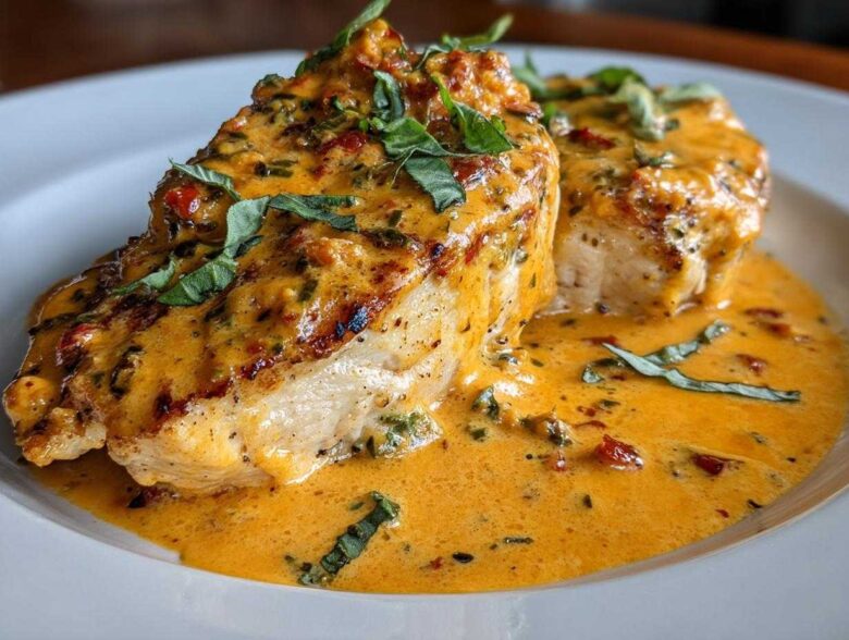Two pieces of seared chicken breast covered in a rich, creamy orange sauce, garnished with fresh basil, representing Marry Me Chicken.