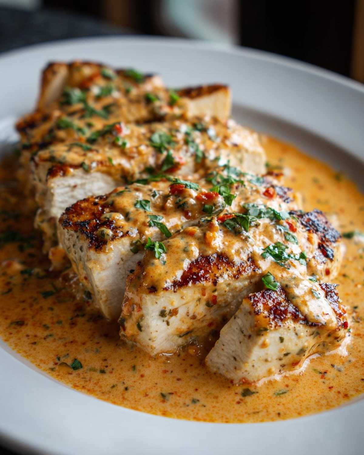 Close-up of sliced Marry Me Chicken breasts covered in a creamy, orange-hued sauce and fresh parsley.