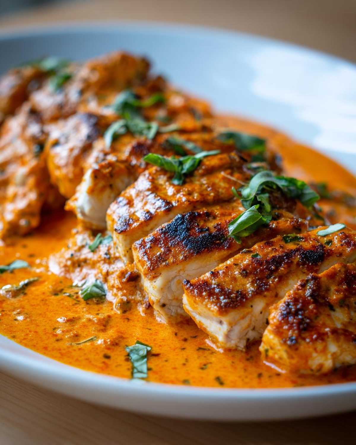 Close-up of sliced Marry Me Chicken breasts covered in a rich, orange-red creamy sauce and garnished with fresh basil.