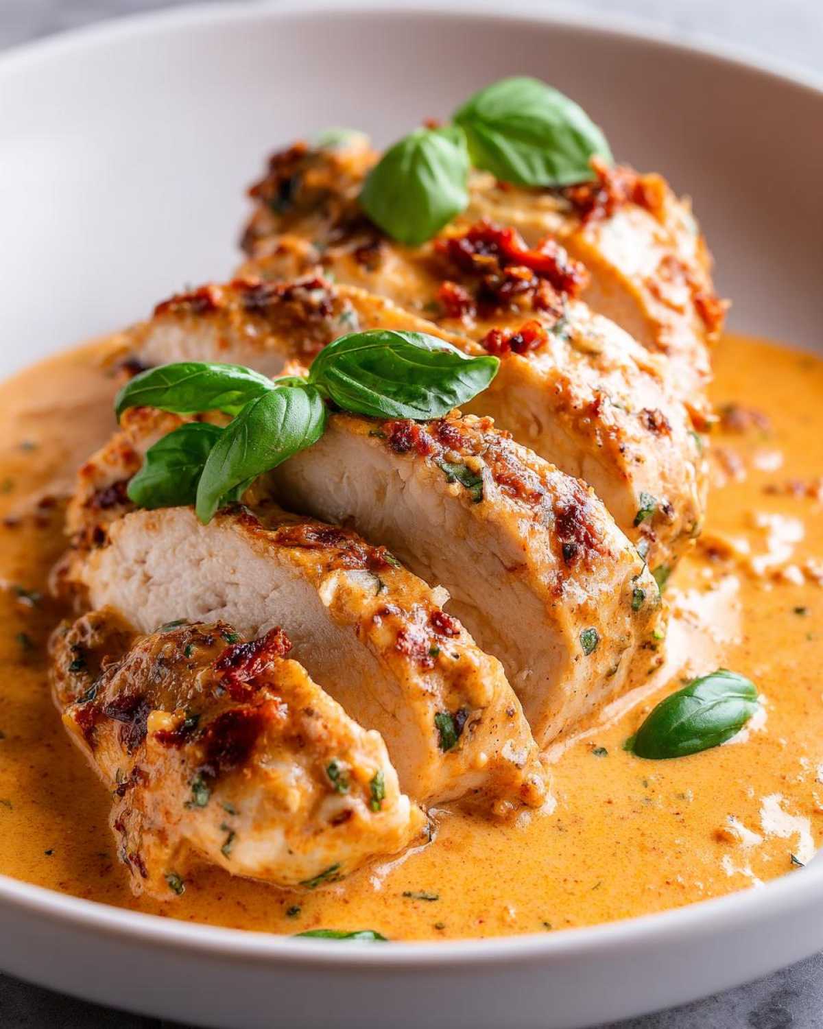 Close-up of sliced Marry Me Chicken breasts covered in a creamy, sun-dried tomato sauce and garnished with fresh basil.