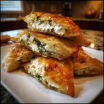 Close-up of flaky, golden brown Mediterranean Spinach and Feta Cheese Crisps stacked on a white plate.