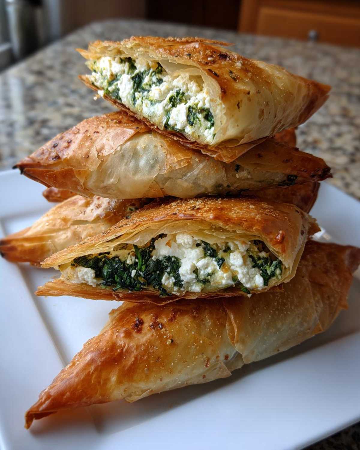 Stack of golden, flaky Mediterranean Spinach and Feta Cheese Crisps cut open to show the filling.