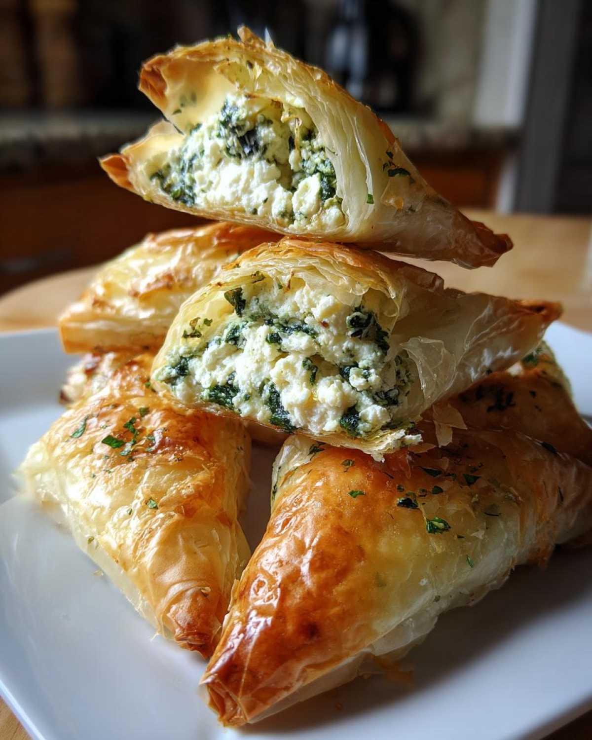 A stack of golden, flaky Mediterranean Spinach and Feta Cheese Crisps, one cut open to show the creamy filling.