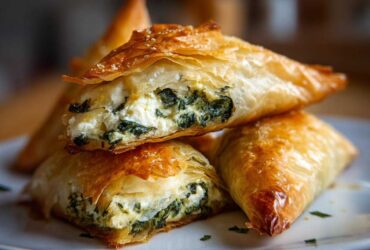 Close-up of flaky, golden Mediterranean Spinach and Feta Cheese Crisps stacked, showing the creamy white cheese and green spinach filling.