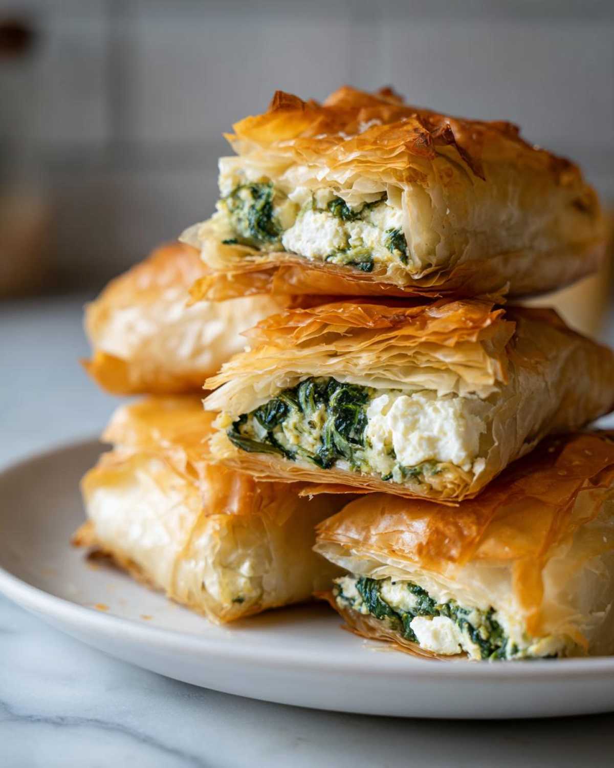 A stack of golden, flaky Mediterranean Spinach and Feta Cheese Crisps cut open to show the filling.