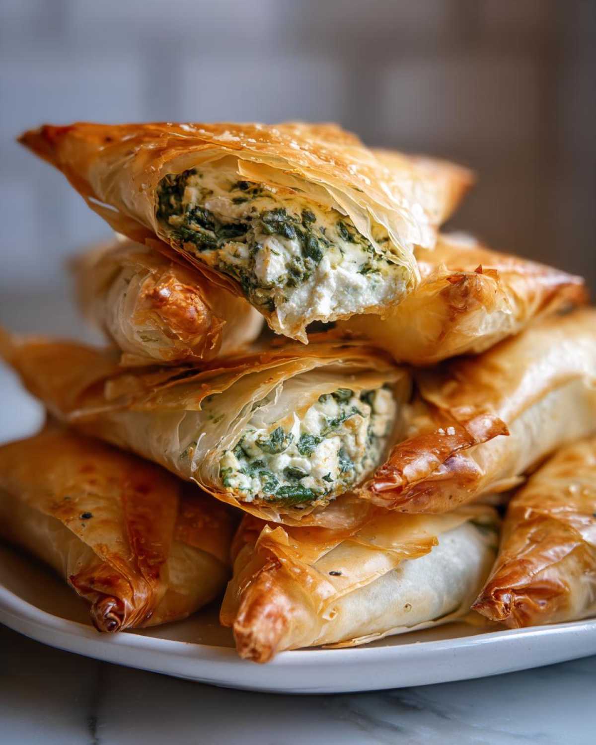 A stack of golden, flaky Mediterranean Spinach and Feta Cheese Crisps, one cut open showing the creamy filling.