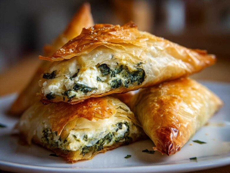 Close-up of flaky, golden Mediterranean Spinach and Feta Cheese Crisps stacked, showing the creamy white cheese and green spinach filling.