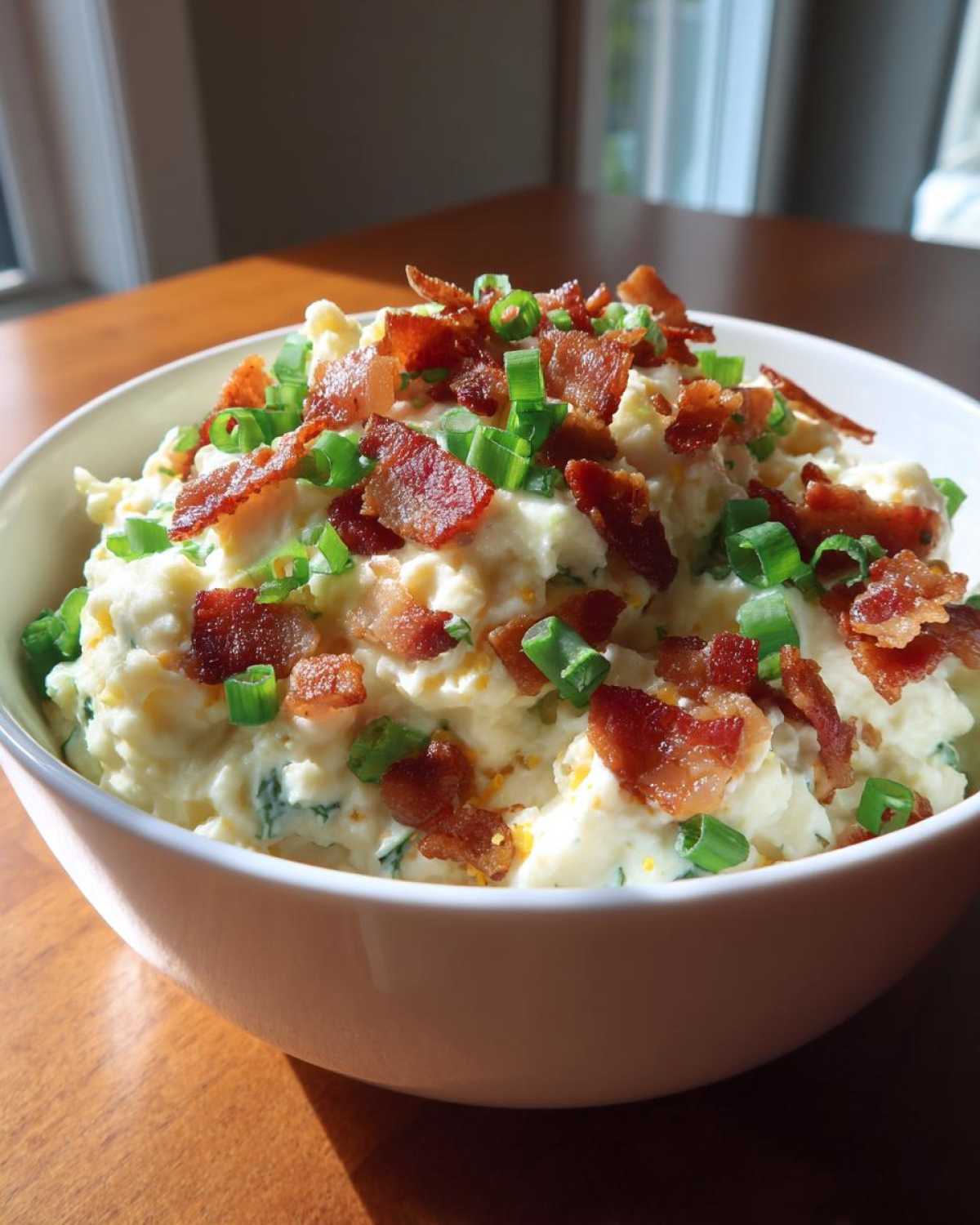 A creamy bowl of million dollar dip generously topped with crispy bacon crumbles and fresh green onions.