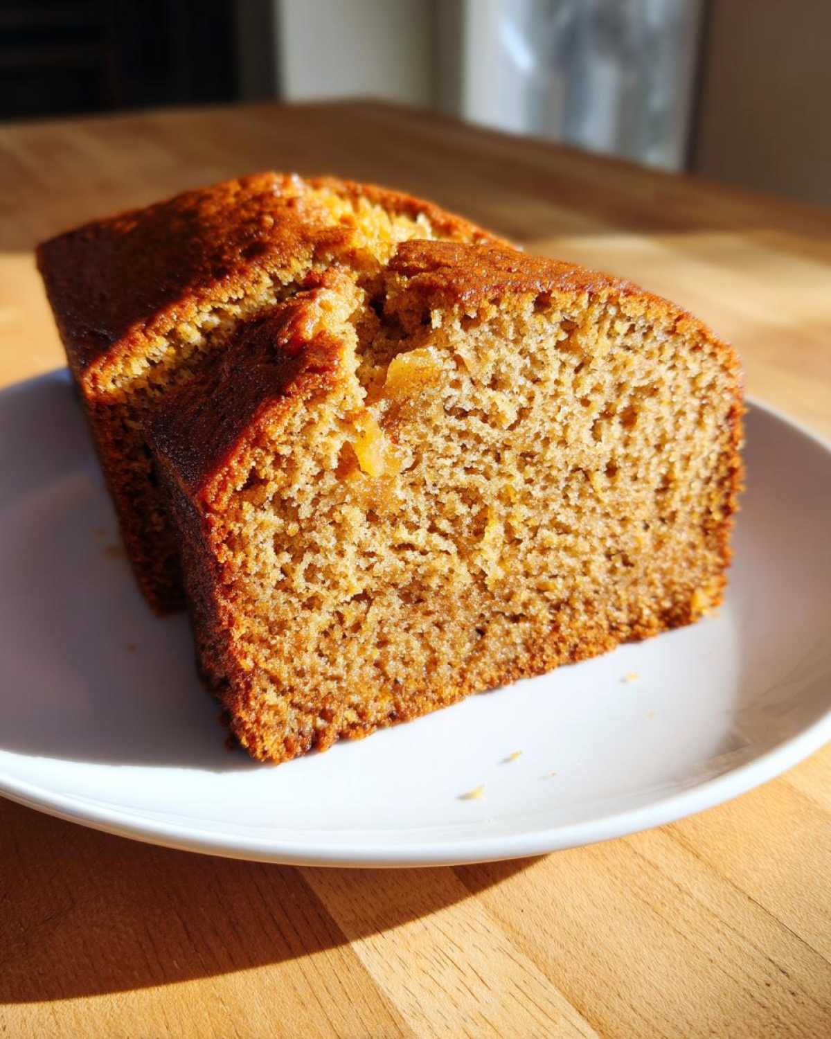 A close-up of a moist slice of homemade applesauce cake resting on a white plate, catching bright sunlight.