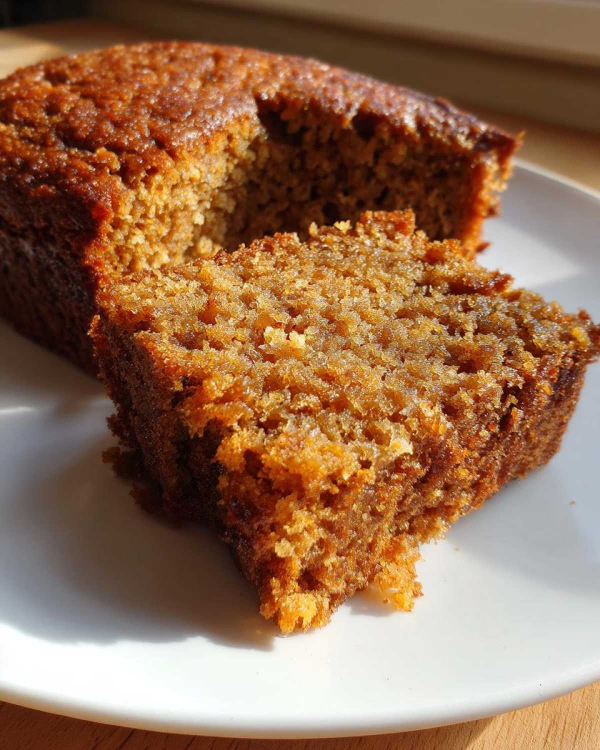 Close-up of a moist, dark brown slice of applesauce cake resting against the main loaf on a white plate.