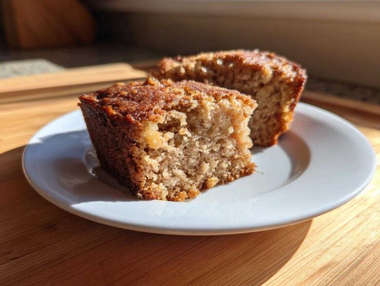 Two moist squares of homemade applesauce cake sitting on a small white plate, highlighted by sunlight.