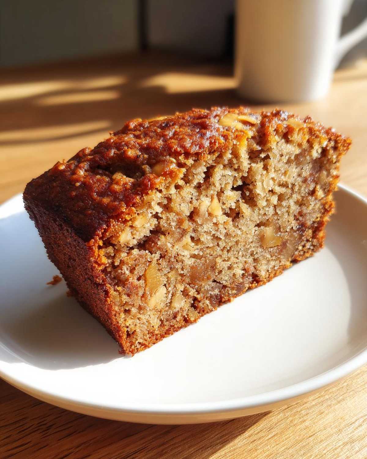Close-up of a moist slice of applesauce cake studded with nuts, served on a white plate.