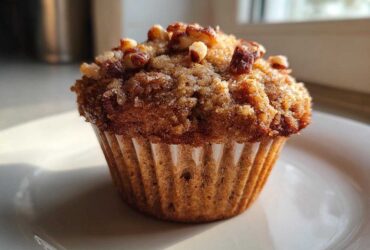 Close-up of a single, moist banana nut muffin topped with brown sugar crumble and chopped pecans.