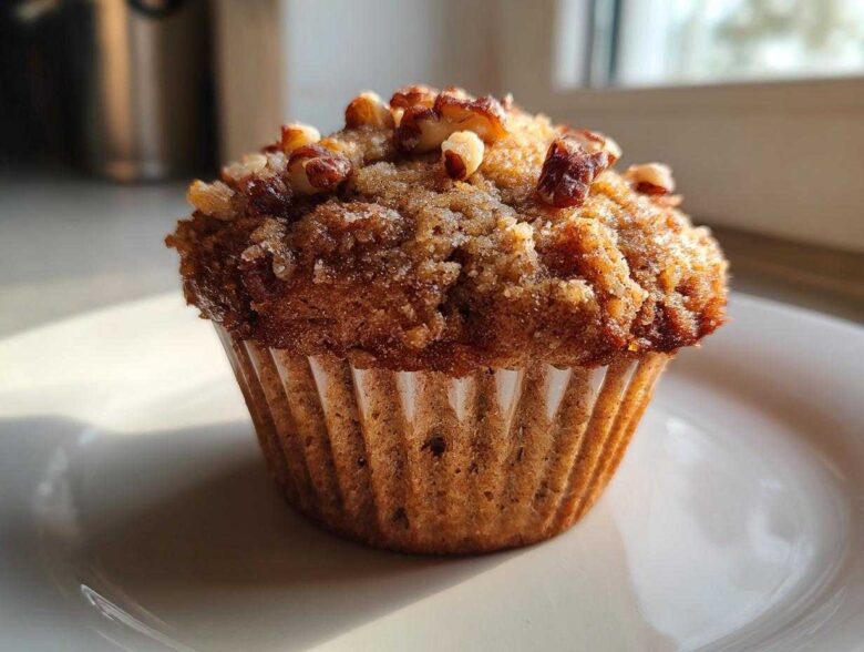Close-up of a single, moist banana nut muffin topped with brown sugar crumble and chopped pecans.
