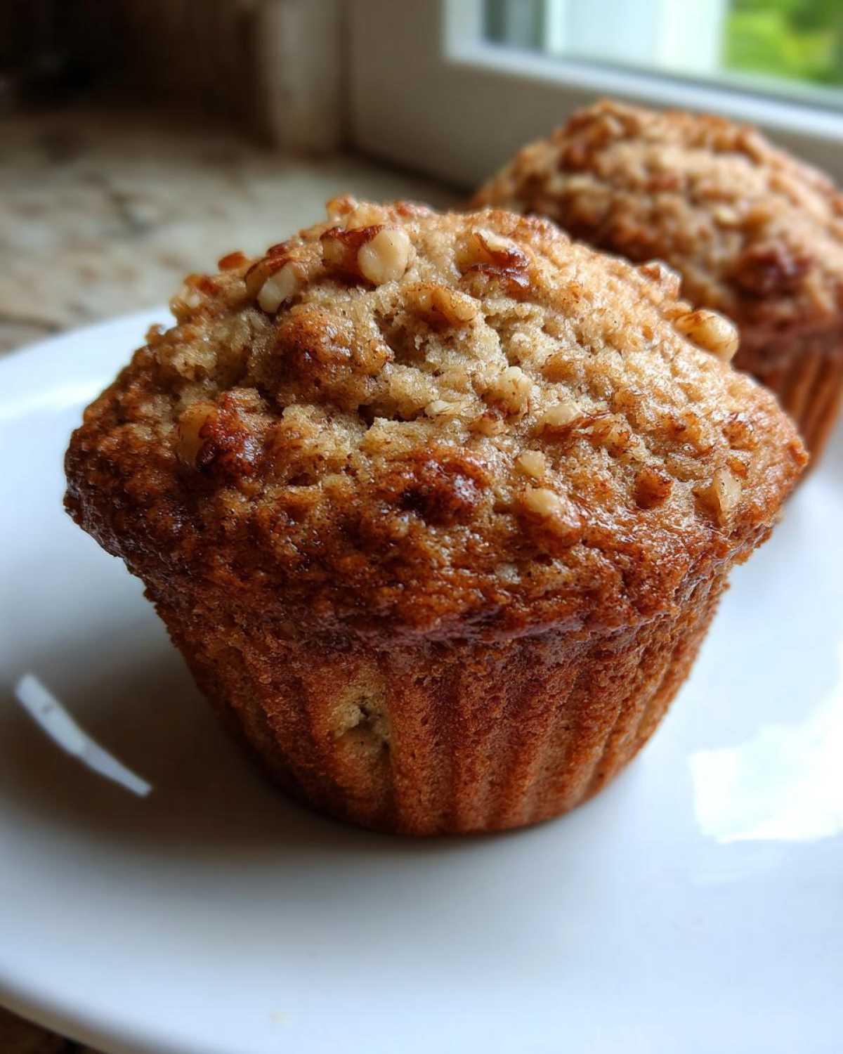A close-up of a freshly baked, moist banana nut muffin topped with chopped nuts, sitting on a white plate.