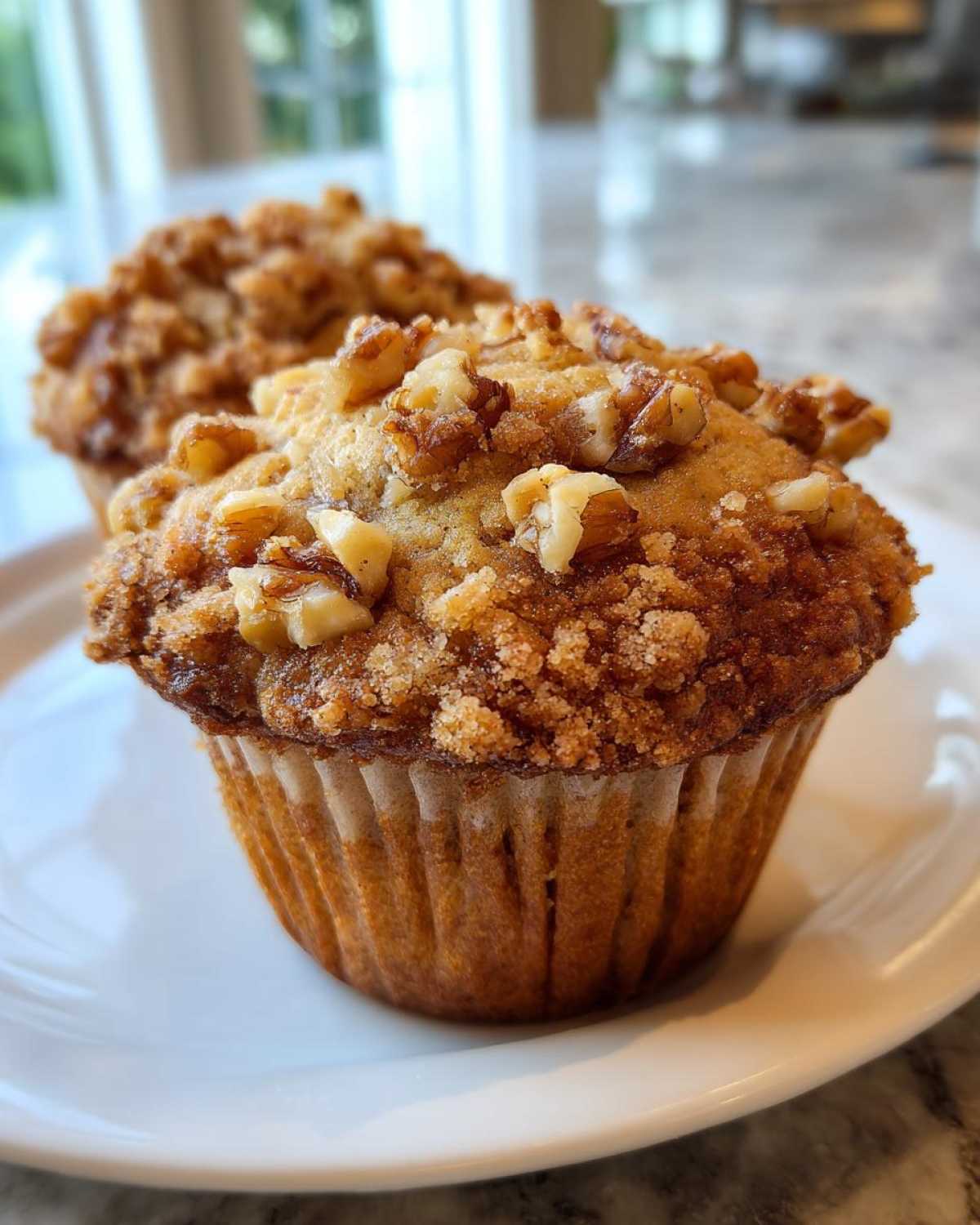 Close-up of a moist banana nut muffin topped with crunchy walnuts and brown sugar crumble.