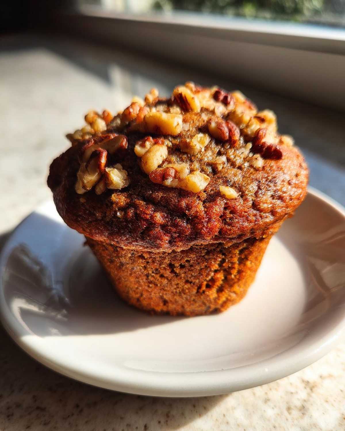 A single, perfectly baked banana nut muffin topped generously with chopped walnuts, sitting on a white saucer.