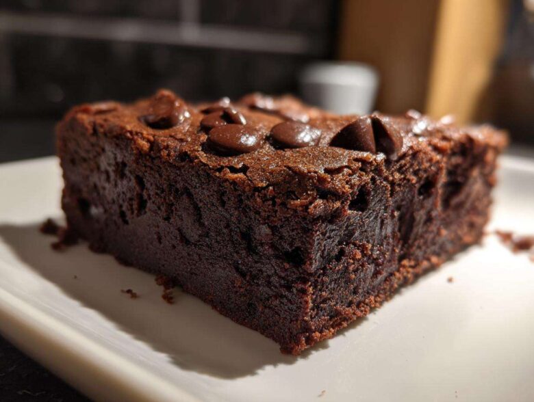 Close-up of a rich, dark slice of black bean brownies topped with melted chocolate chips on a white plate.