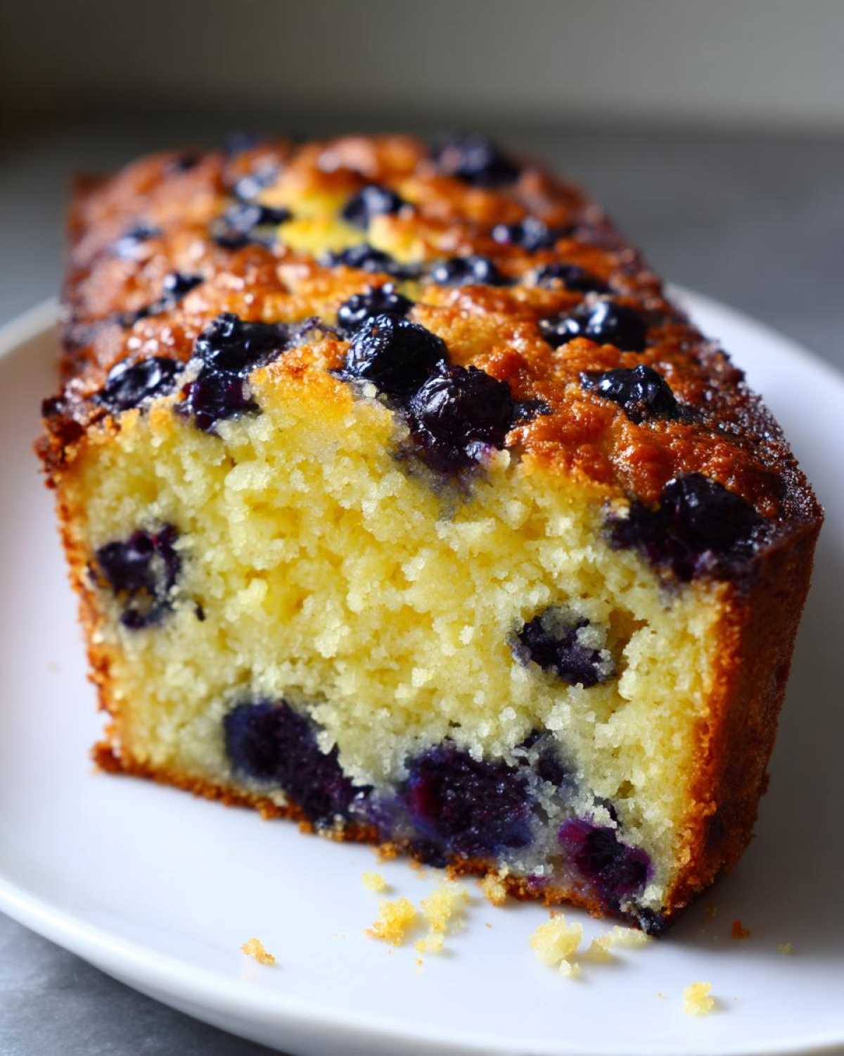 Close-up of a slice of moist blueberry banana bread showing the yellow crumb and burst blueberries.
