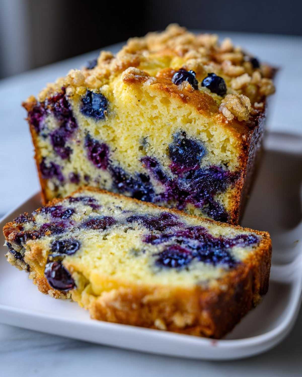 A close-up of freshly baked blueberry banana bread, showing a slice cut away revealing moist crumb and dark blueberries.