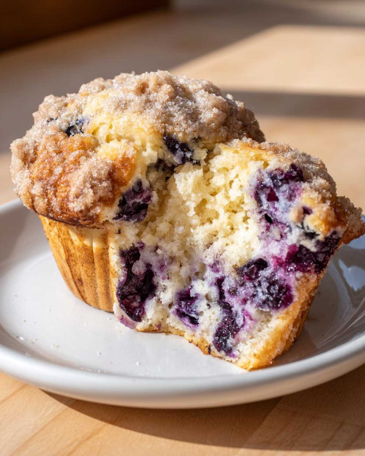 A close-up of a fluffy blueberry muffins cut in half, showing juicy blueberries and a sugary crumb topping.