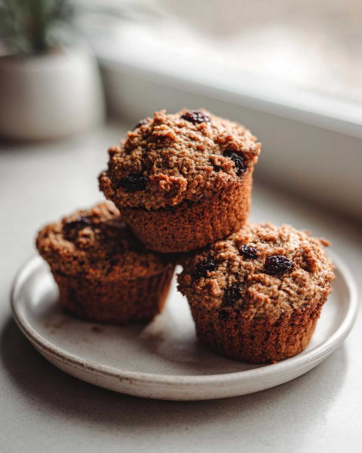 Three perfectly baked, moist bran muffins studded with raisins stacked on a small ceramic plate.