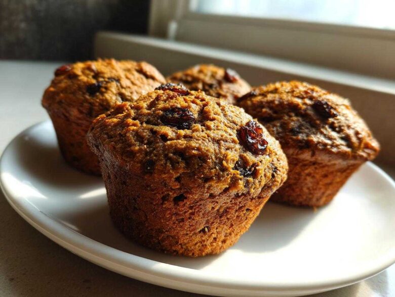 Four moist bran muffins topped with raisins sitting on a white plate, highlighted by natural window light.