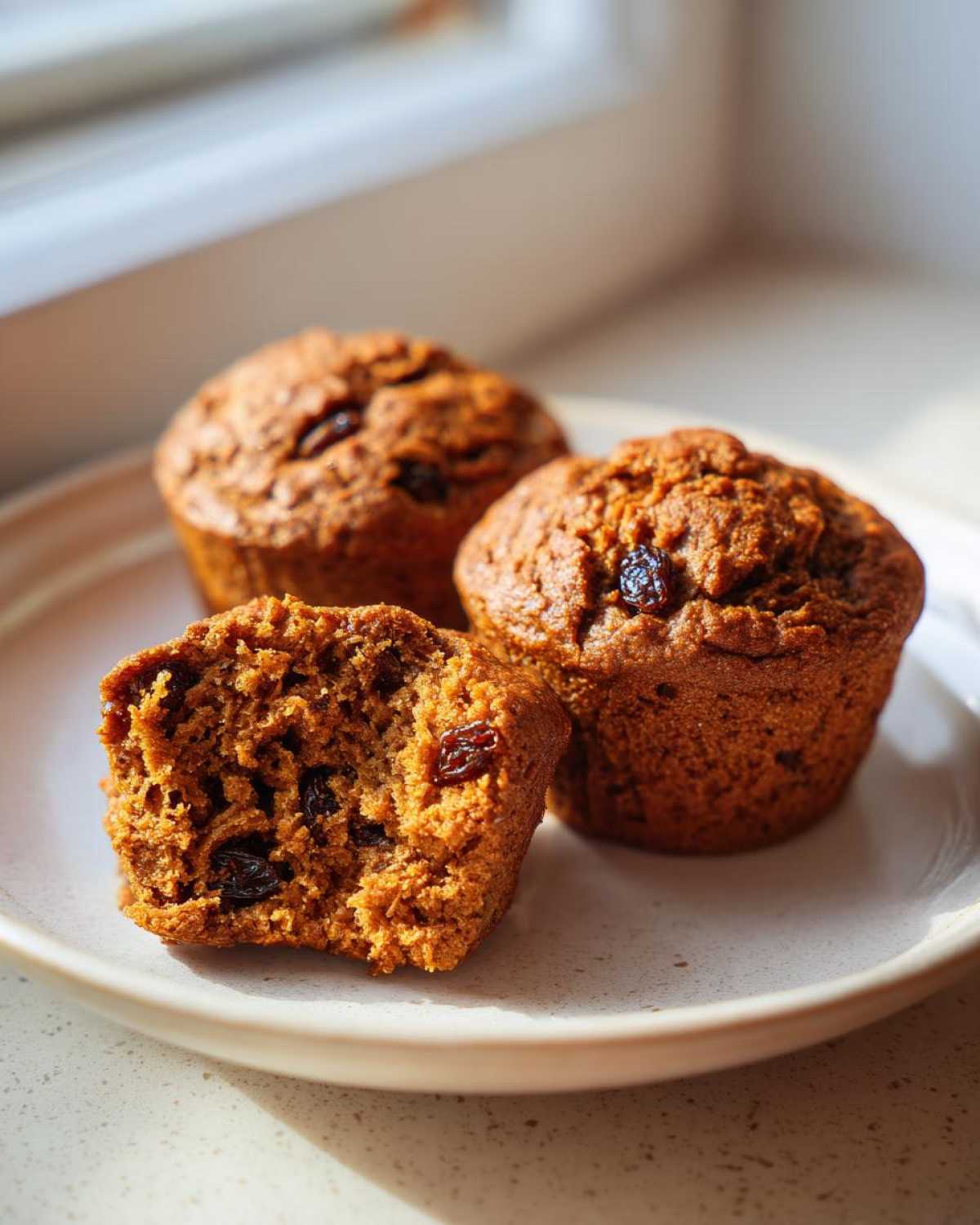 Close-up of three moist bran muffins, one broken open to show the texture and raisins inside.