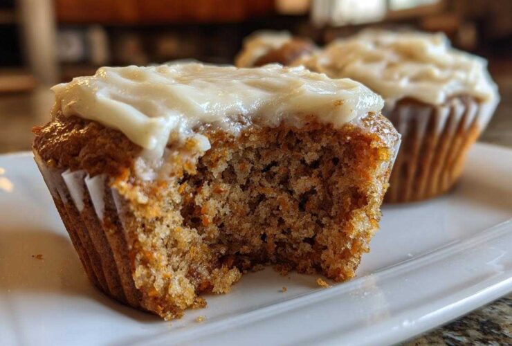 Close-up of a carrot cake muffins with a bite taken out, showing the moist crumb and cream cheese frosting.