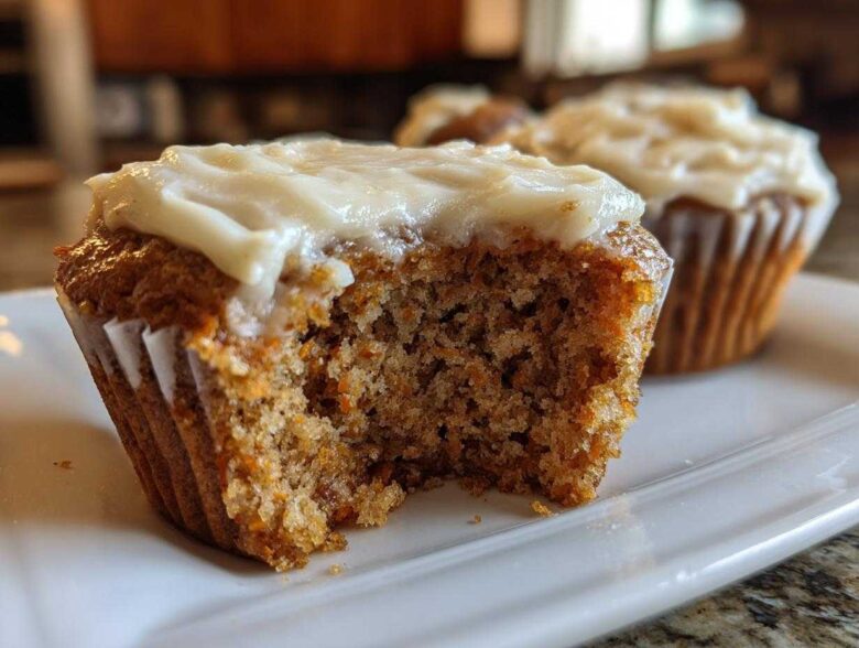 Close-up of a carrot cake muffins with a bite taken out, showing the moist crumb and cream cheese frosting.