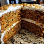 Close-up of a moist carrot cake recipe slice showing two layers filled and topped with thick cream cheese frosting and carrot shreds.