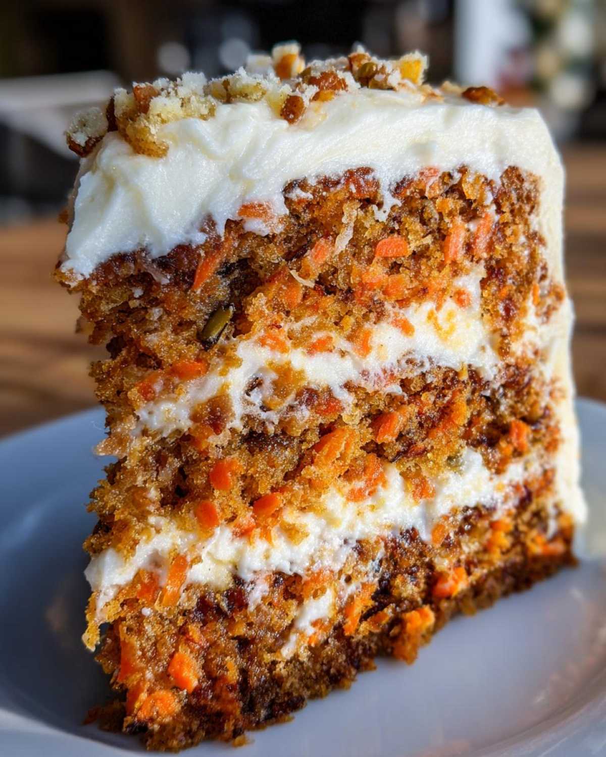Close-up of a tall slice of moist carrot cake recipe layered with thick cream cheese frosting and topped with nuts.