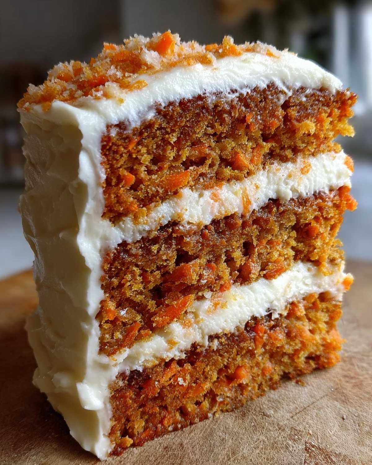 Close-up of a moist, three-layer carrot cake slice with thick cream cheese frosting.
