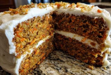 Close-up of a moist carrot cake recipe slice showing two layers filled and topped with thick cream cheese frosting and carrot shreds.