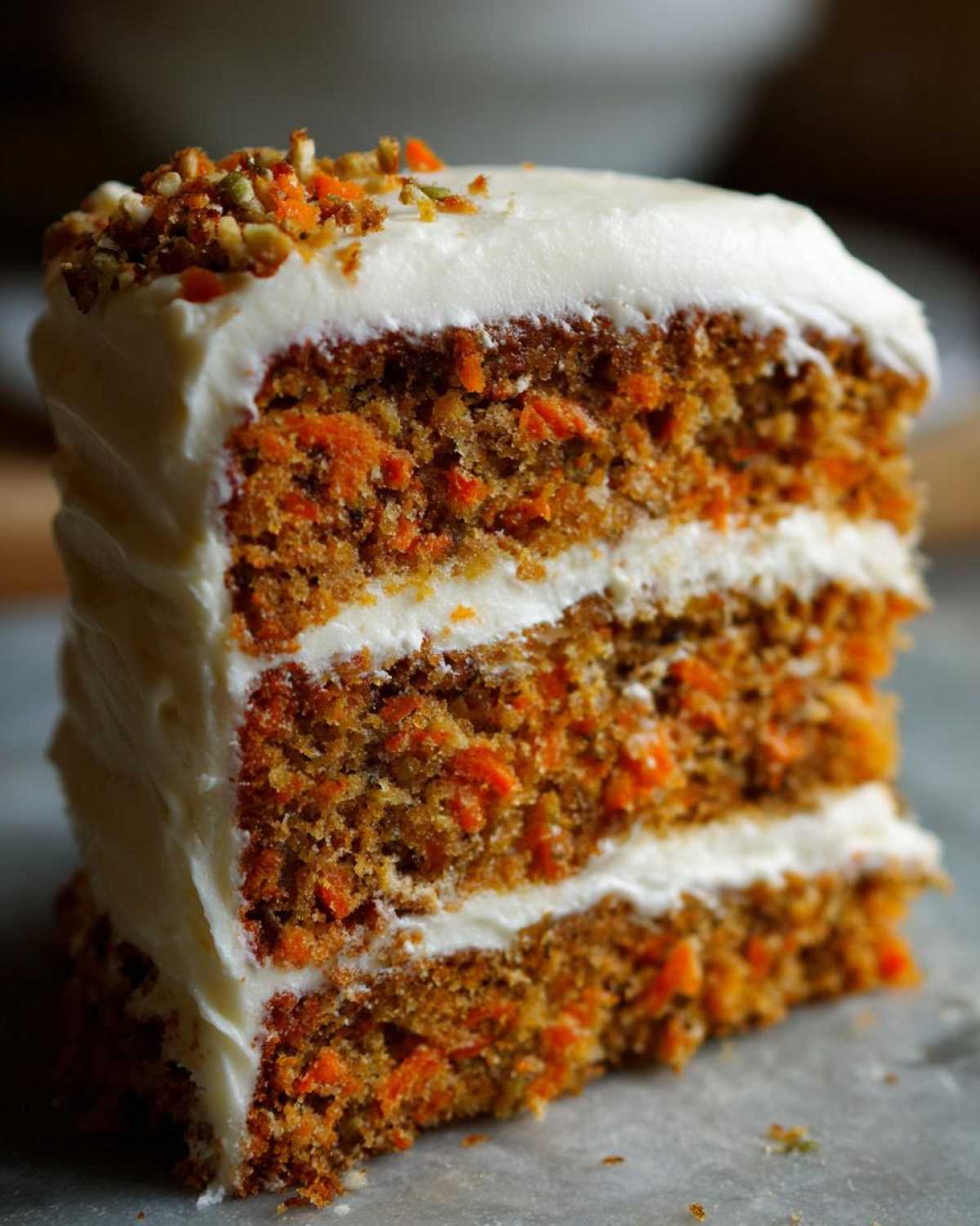 Close-up of a thick slice of moist carrot cake recipe, featuring three layers of cake and cream cheese frosting, topped with nuts.