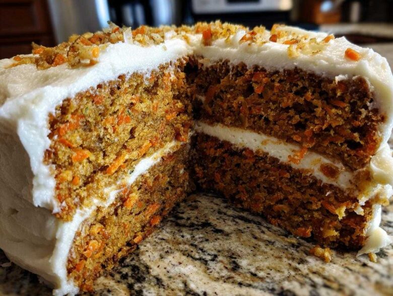 Close-up of a moist carrot cake recipe slice showing two layers filled and topped with thick cream cheese frosting and carrot shreds.
