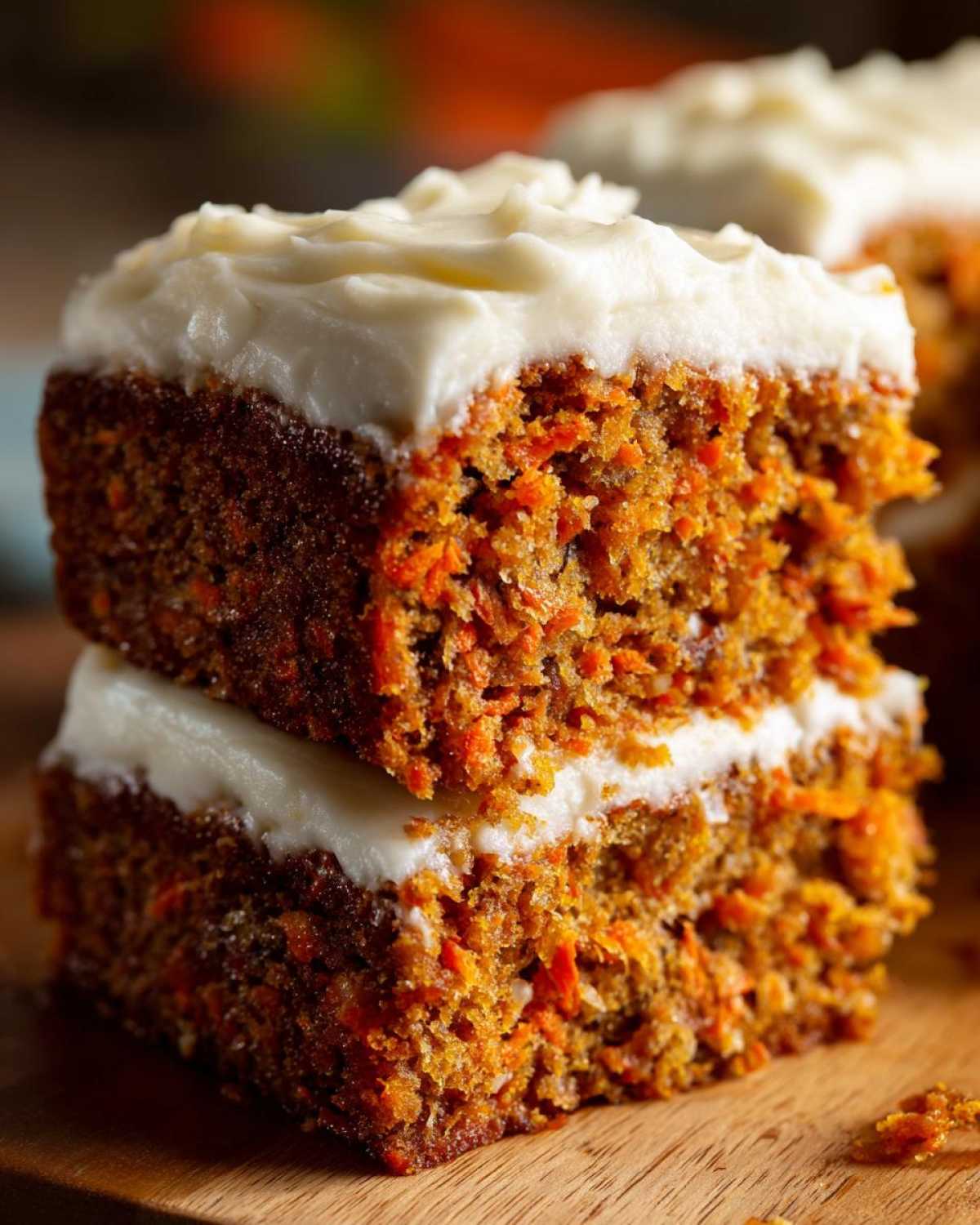 Close-up of two stacked squares of moist carrot cake recipe with thick cream cheese frosting.