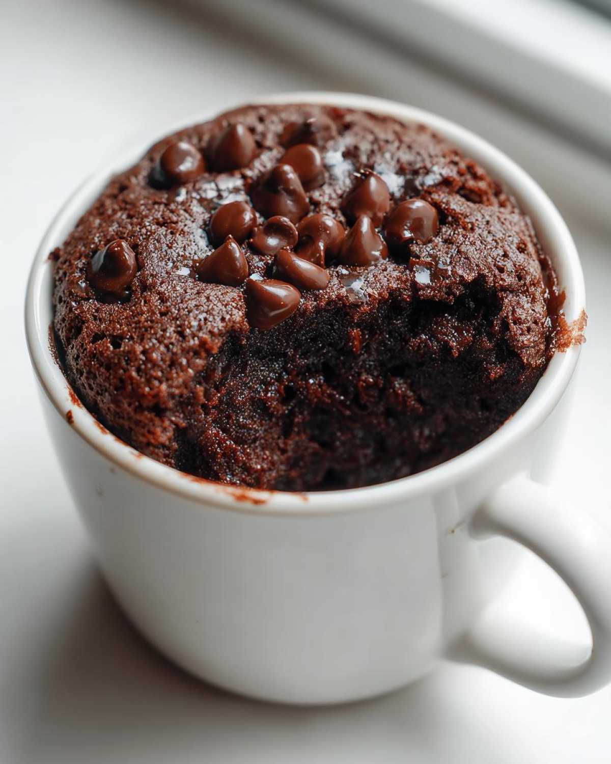 Close-up of a rich, moist chocolate chip mug cake topped with melted chocolate chips.