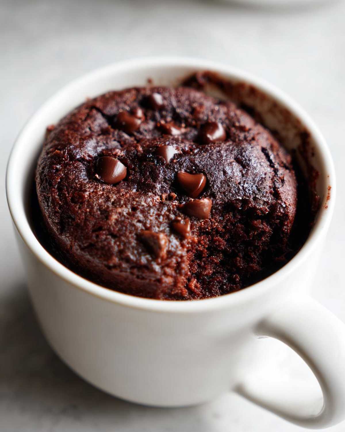 Close-up of a rich, dark chocolate mug cake topped with chocolate chips, ready to eat.