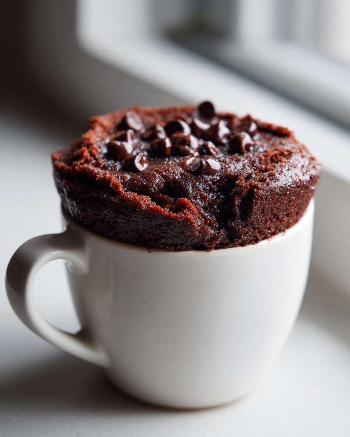 A rich, dark chocolate mug cake overflowing from a white ceramic mug, topped with chocolate chips.