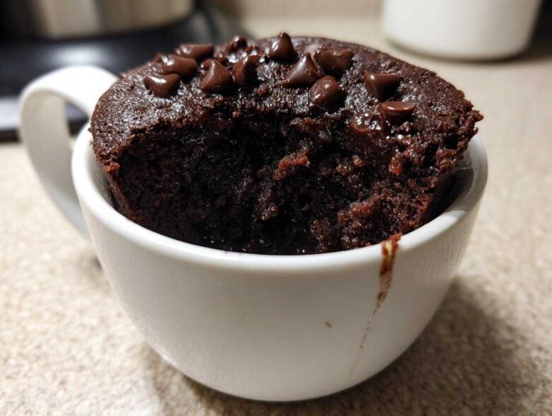 Close-up of a rich, dark chocolate mug cake topped with chocolate chips, with a bite taken out.